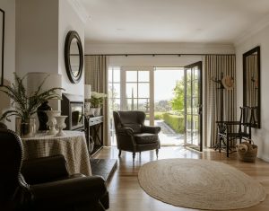 A cozy living room with leather chairs, a round rug, and a table. A door opens to a garden view. Walls are decorated with mirrors and a plant is on a table. Light filters through curtains.